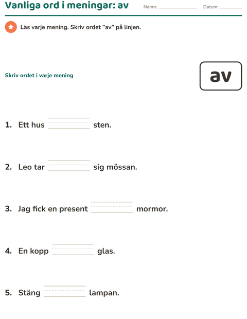 Förhandsvisning av Högfrekventa ord-arbetsblad för Förskoleklass