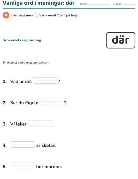Förhandsvisning av Högfrekventa ord-arbetsblad för Förskoleklass
