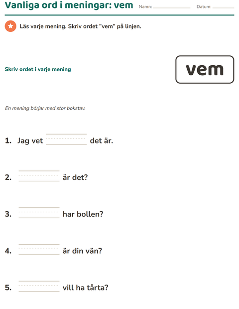 Förhandsvisning av Högfrekventa ord-arbetsblad för Förskoleklass