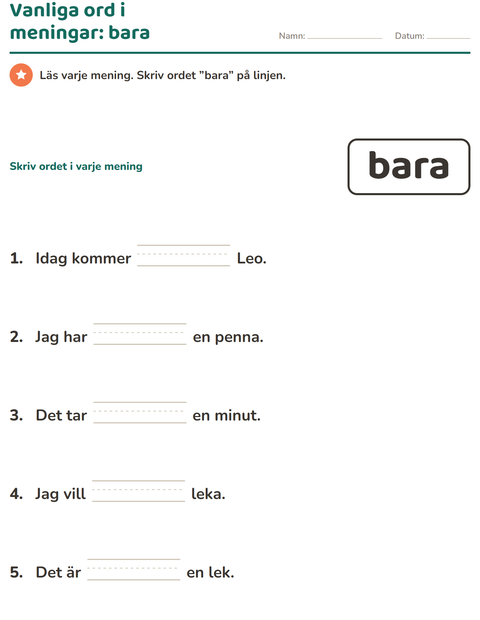 Förhandsvisning av Högfrekventa ord-arbetsblad för Förskoleklass