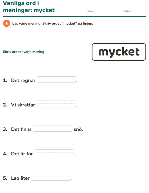 Förhandsvisning av Högfrekventa ord-arbetsblad för Förskoleklass