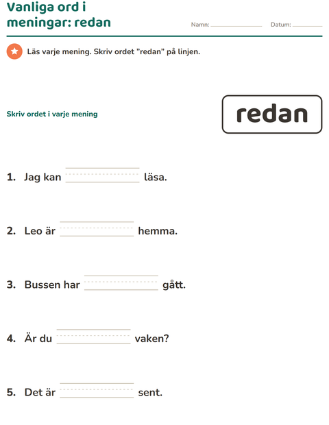 Förhandsvisning av Högfrekventa ord-arbetsblad för Förskoleklass