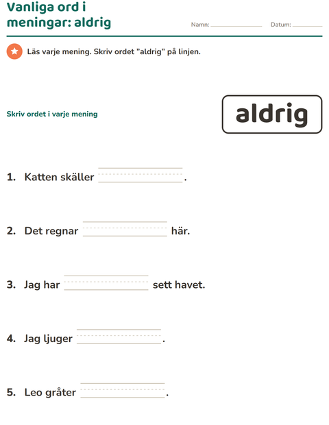Förhandsvisning av Högfrekventa ord-arbetsblad för Förskoleklass