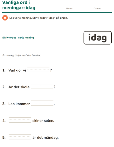 Förhandsvisning av Högfrekventa ord-arbetsblad för Förskoleklass