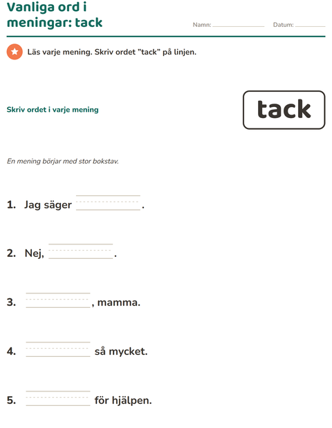 Förhandsvisning av Högfrekventa ord-arbetsblad för Förskoleklass