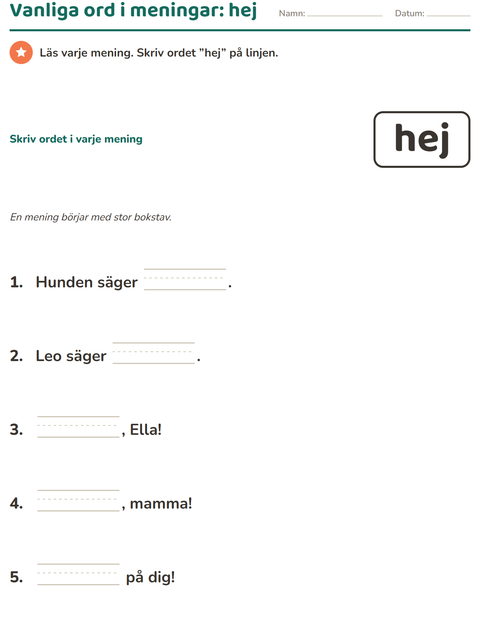 Förhandsvisning av Högfrekventa ord-arbetsblad för Förskoleklass