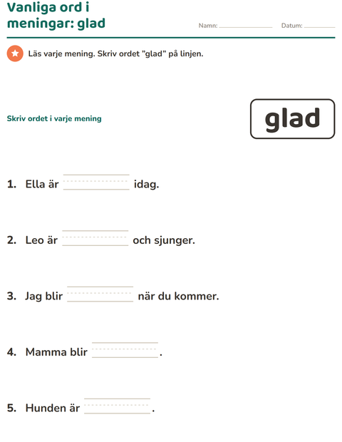 Förhandsvisning av Högfrekventa ord-arbetsblad för Förskoleklass