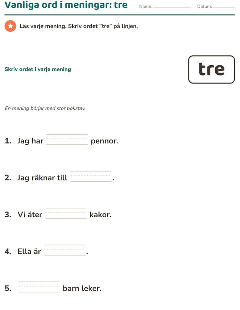 Förhandsvisning av Högfrekventa ord-arbetsblad för Förskoleklass