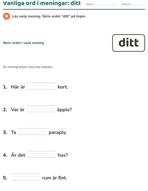 Förhandsvisning av Högfrekventa ord-arbetsblad för Förskoleklass