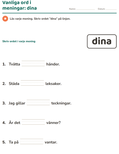Förhandsvisning av Högfrekventa ord-arbetsblad för Förskoleklass