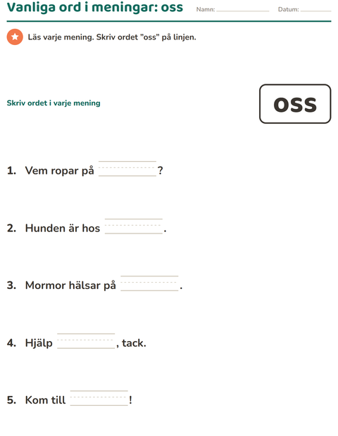 Förhandsvisning av Högfrekventa ord-arbetsblad för Förskoleklass