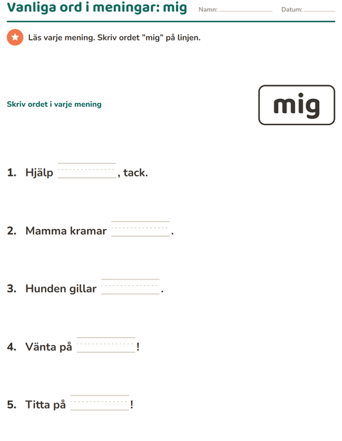 Förhandsvisning av Högfrekventa ord-arbetsblad för Förskoleklass