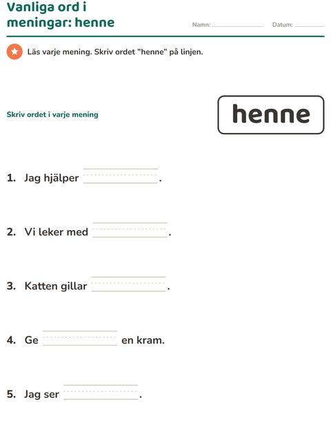 Förhandsvisning av Högfrekventa ord-arbetsblad för Förskoleklass