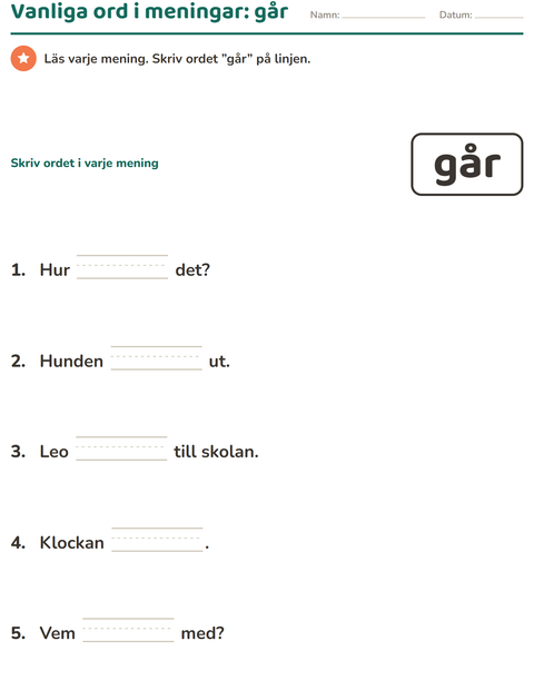Förhandsvisning av Högfrekventa ord-arbetsblad för Förskoleklass