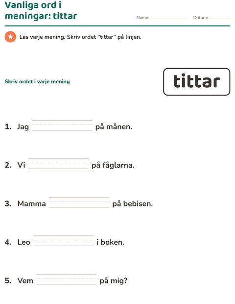 Förhandsvisning av Högfrekventa ord-arbetsblad för Förskoleklass