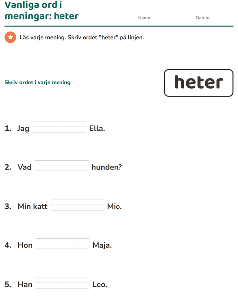 Förhandsvisning av Högfrekventa ord-arbetsblad för Förskoleklass