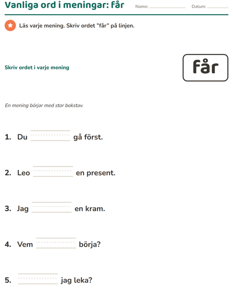 Förhandsvisning av Högfrekventa ord-arbetsblad för Förskoleklass