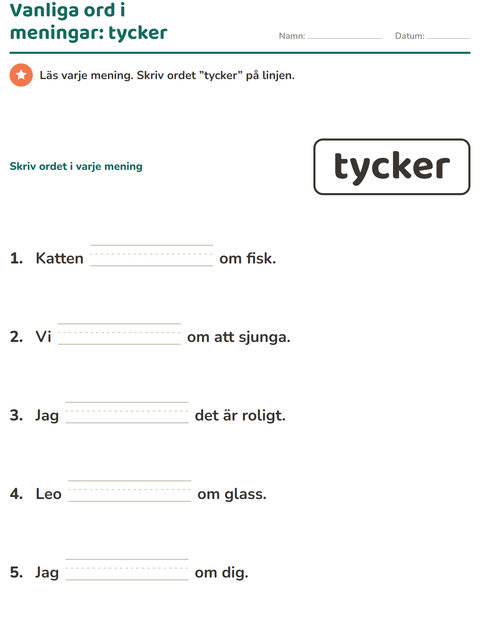 Förhandsvisning av Högfrekventa ord-arbetsblad för Förskoleklass