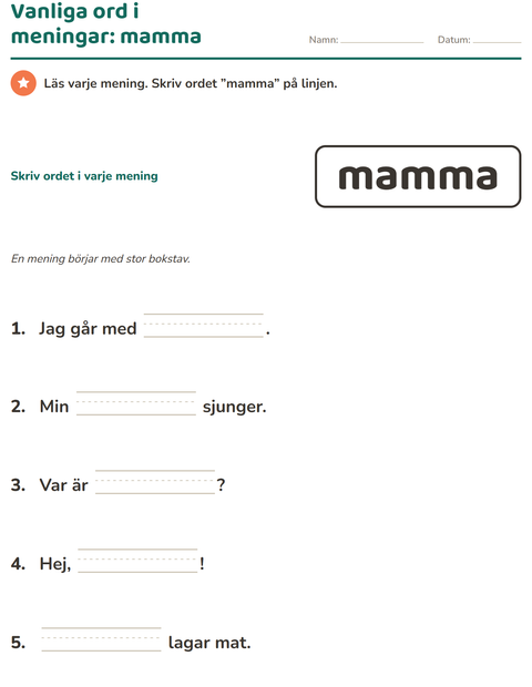 Förhandsvisning av Högfrekventa ord-arbetsblad för Förskoleklass