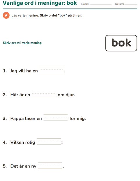 Förhandsvisning av Högfrekventa ord-arbetsblad för Förskoleklass