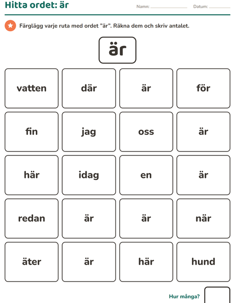 Förhandsvisning av Högfrekventa ord-arbetsblad för Förskoleklass