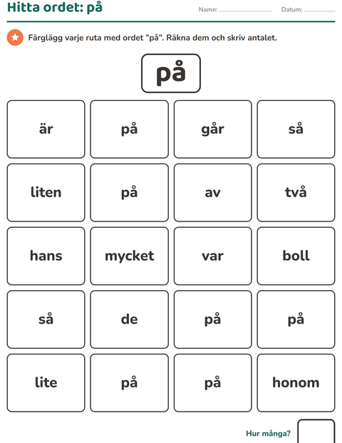 Förhandsvisning av Högfrekventa ord-arbetsblad för Förskoleklass