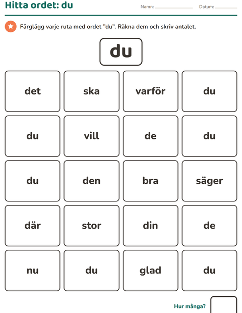Förhandsvisning av Högfrekventa ord-arbetsblad för Förskoleklass