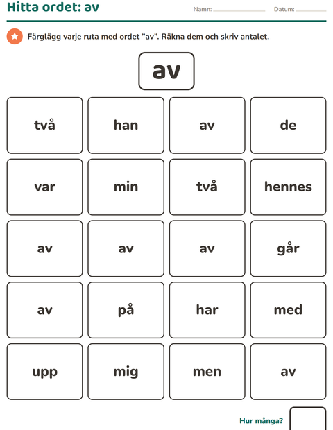 Förhandsvisning av Högfrekventa ord-arbetsblad för Förskoleklass