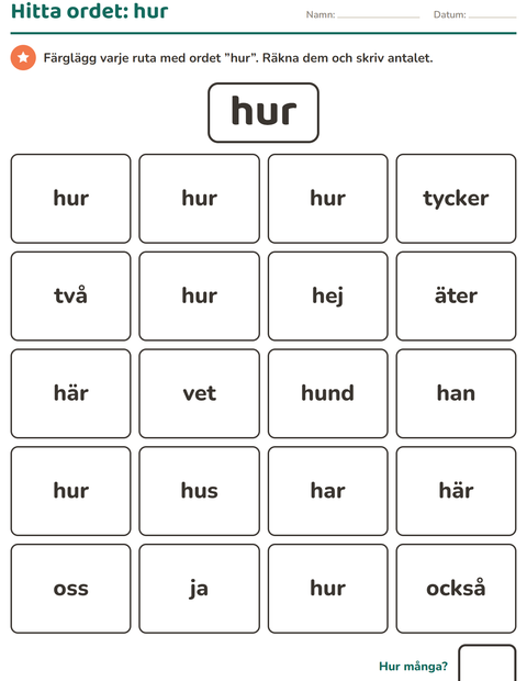 Förhandsvisning av Högfrekventa ord-arbetsblad för Förskoleklass