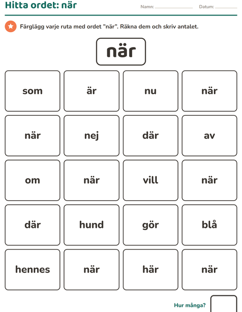 Förhandsvisning av Högfrekventa ord-arbetsblad för Förskoleklass