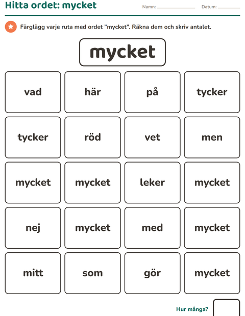 Förhandsvisning av Högfrekventa ord-arbetsblad för Förskoleklass