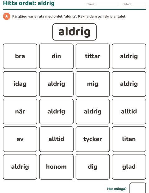 Förhandsvisning av Högfrekventa ord-arbetsblad för Förskoleklass