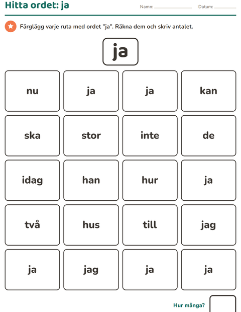 Förhandsvisning av Högfrekventa ord-arbetsblad för Förskoleklass