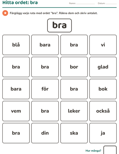 Förhandsvisning av Högfrekventa ord-arbetsblad för Förskoleklass