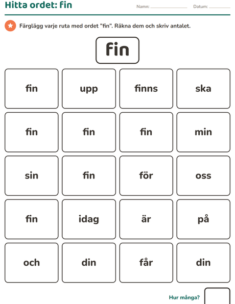 Förhandsvisning av Högfrekventa ord-arbetsblad för Förskoleklass