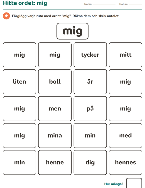 Förhandsvisning av Högfrekventa ord-arbetsblad för Förskoleklass