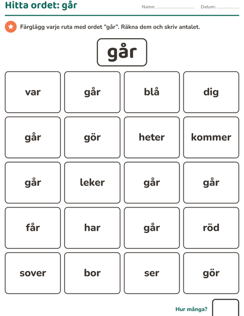 Förhandsvisning av Högfrekventa ord-arbetsblad för Förskoleklass