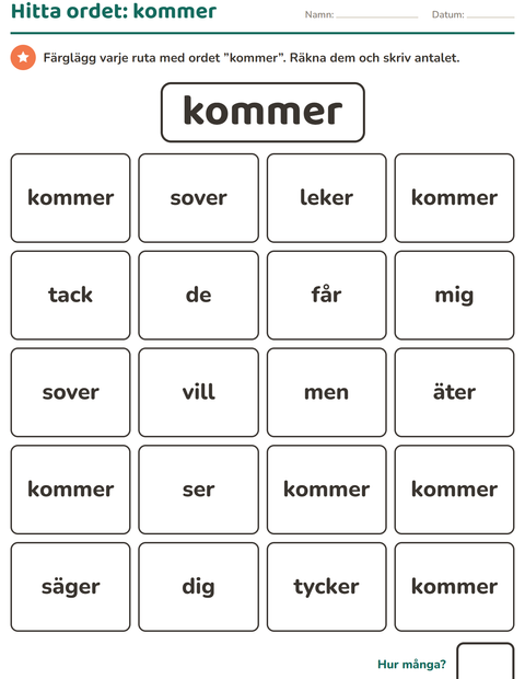 Förhandsvisning av Högfrekventa ord-arbetsblad för Förskoleklass