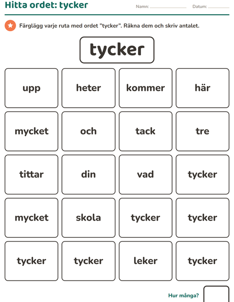 Förhandsvisning av Högfrekventa ord-arbetsblad för Förskoleklass