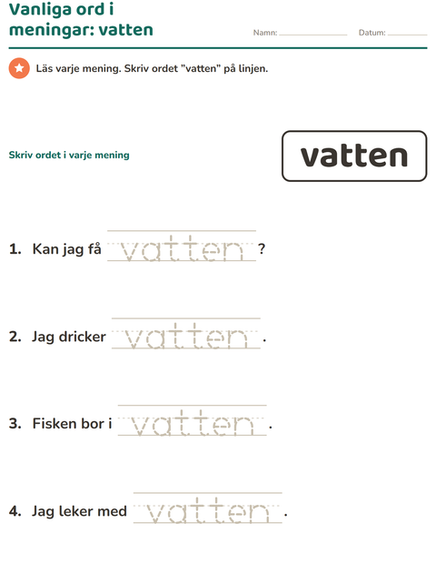 Förhandsvisning av Högfrekventa ord-arbetsblad för Förskoleklass