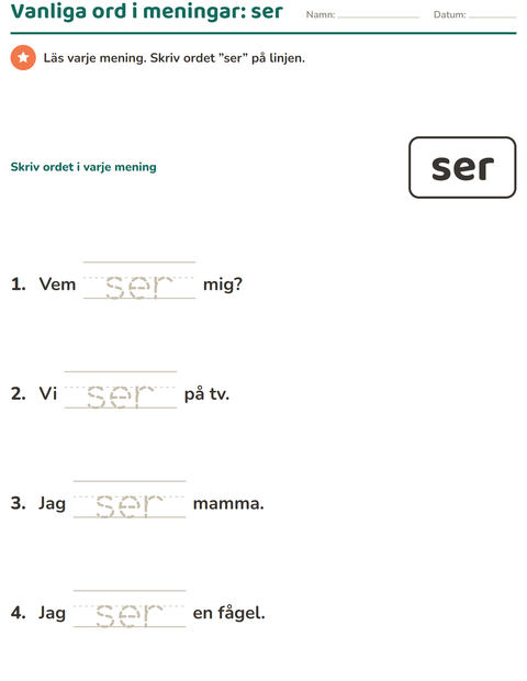 Förhandsvisning av Högfrekventa ord-arbetsblad för Förskoleklass