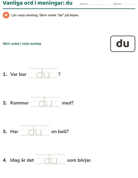 Förhandsvisning av Högfrekventa ord-arbetsblad för Förskoleklass