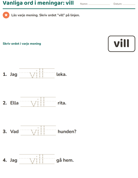 Förhandsvisning av Högfrekventa ord-arbetsblad för Förskoleklass