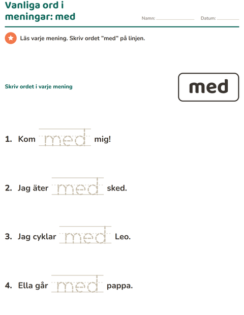 Förhandsvisning av Högfrekventa ord-arbetsblad för Förskoleklass