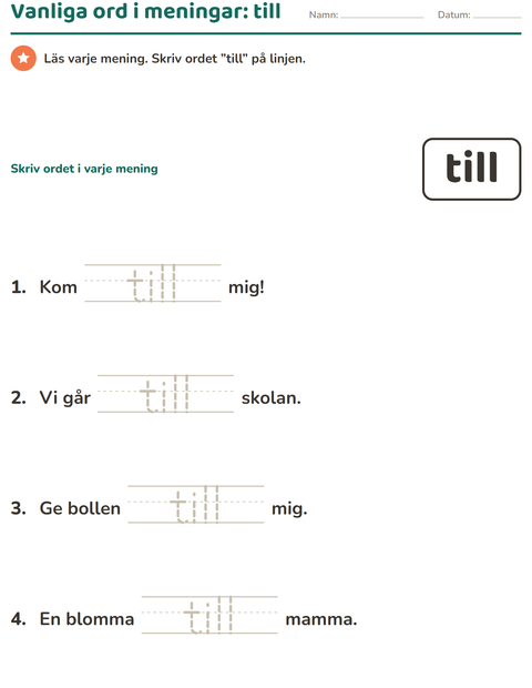 Förhandsvisning av Högfrekventa ord-arbetsblad för Förskoleklass