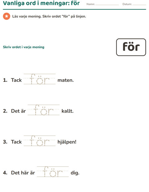 Förhandsvisning av Högfrekventa ord-arbetsblad för Förskoleklass