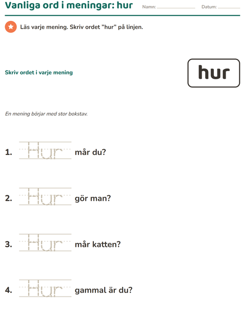 Förhandsvisning av Högfrekventa ord-arbetsblad för Förskoleklass