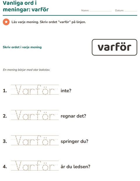 Förhandsvisning av Högfrekventa ord-arbetsblad för Förskoleklass