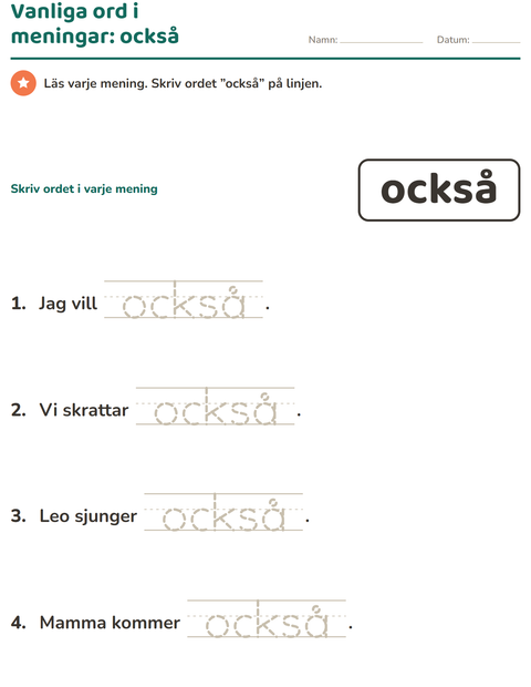 Förhandsvisning av Högfrekventa ord-arbetsblad för Förskoleklass