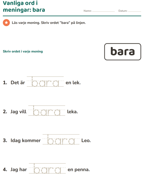 Förhandsvisning av Högfrekventa ord-arbetsblad för Förskoleklass